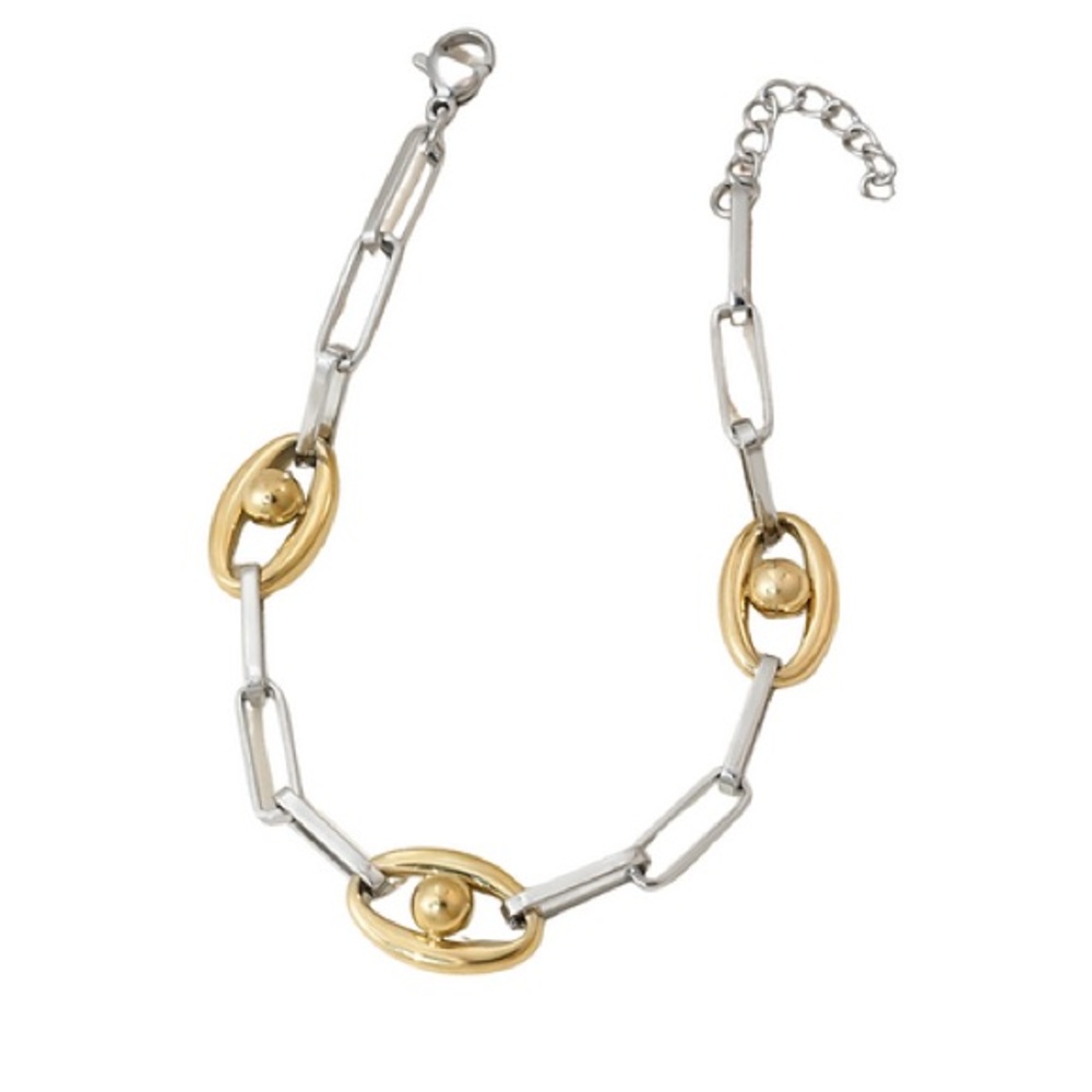 Two-Tone Gold and Silver Link Bracelet with Sculpted Beads